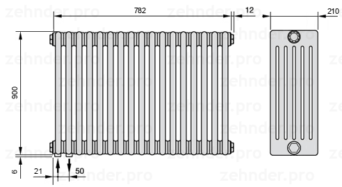 Схема (чертеж) Радиатор Zehnder Charleston 6090/17 №3370 Белый глянцевый RAL 9016